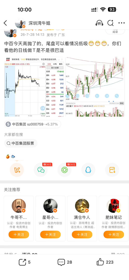 东百涨停，我们的中百也发力起飞了，冲高T出来继续高抛低吸