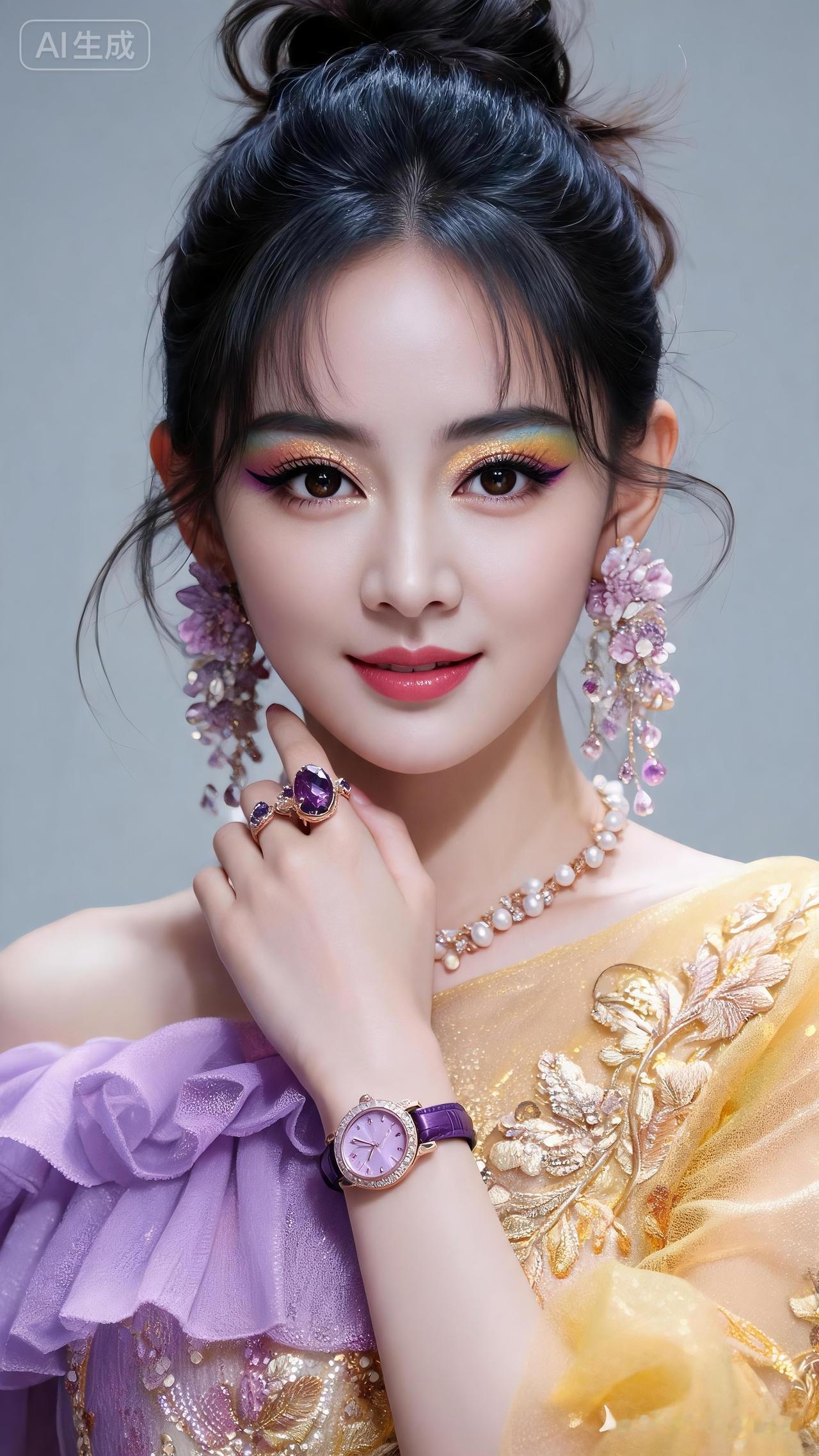 少女妆容华丽梦幻，撞色露肩网纱刺绣上衣精致奢华，多款轻奢配饰点缀。浅灰棚拍背景，