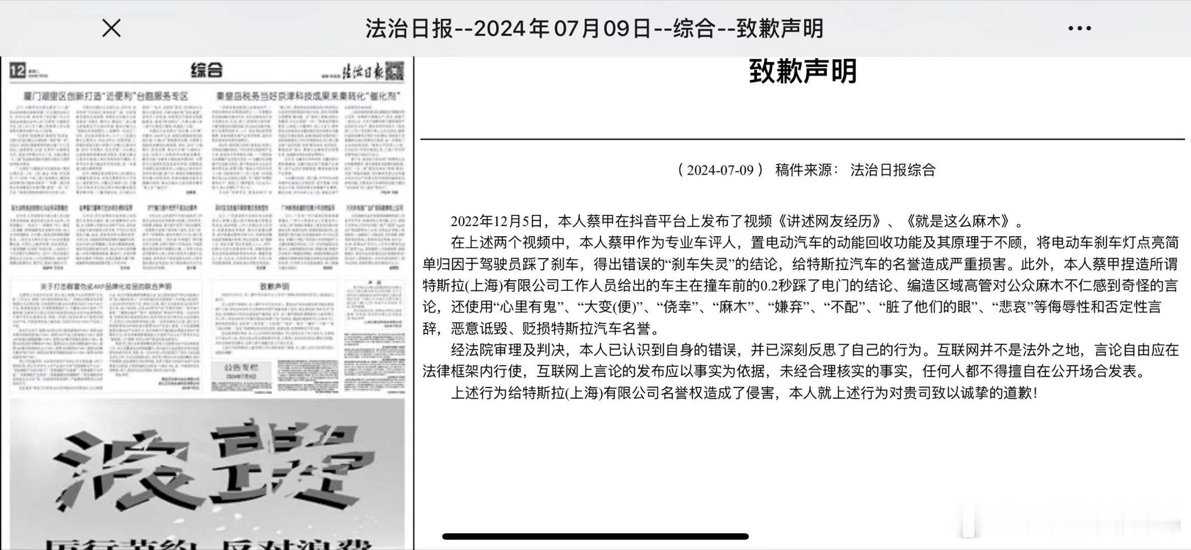 特斯拉起诉蔡甲（蔡老板）侵犯名誉侵权，蔡甲多次在网络上发布中伤抹黑特斯拉的不实言