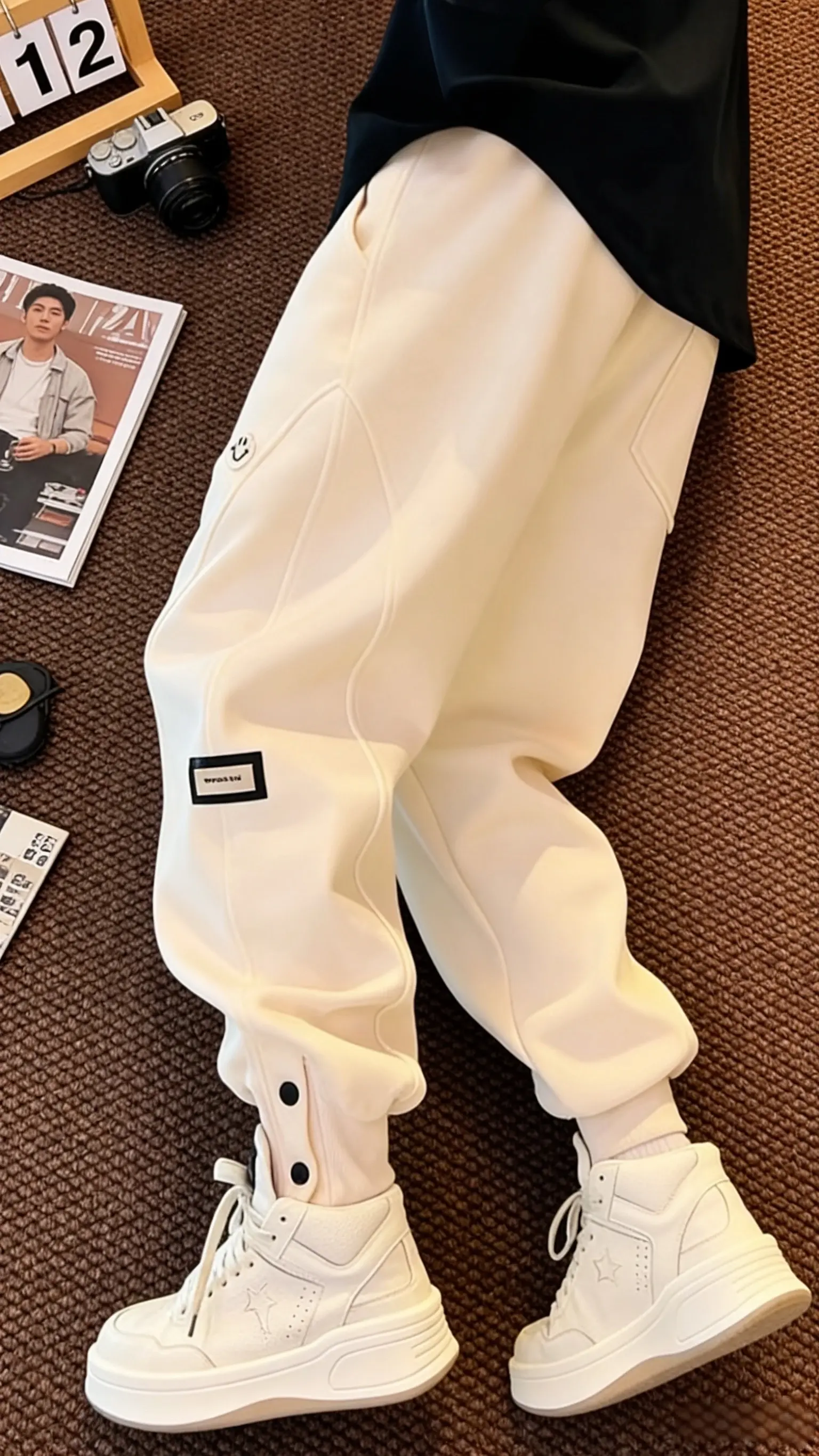 简约立体剪裁百搭宽松个性休闲卫裤时尚笑脸潮流男士帅气束脚裤