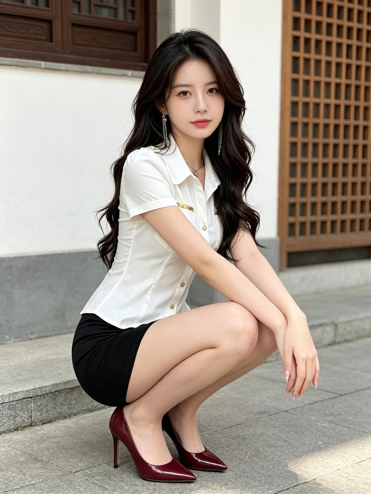 女孩子怎么穿搭既时尚又好看?阳光洒下树影斑驳，白衬衫配红高跟鞋，这组穿搭简直美到