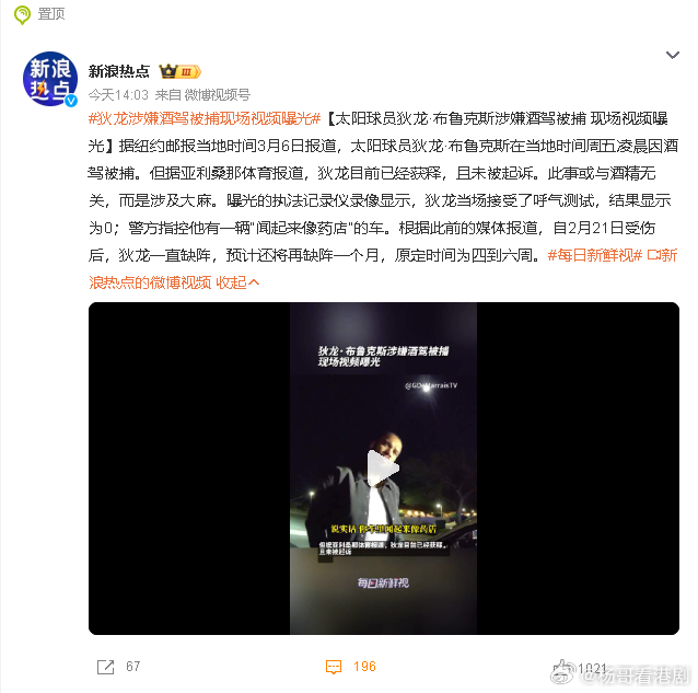 狄龙涉嫌酒驾被捕现场视频曝光 多么离谱的词条你加个篮球明星，NBA球员都好啊。。