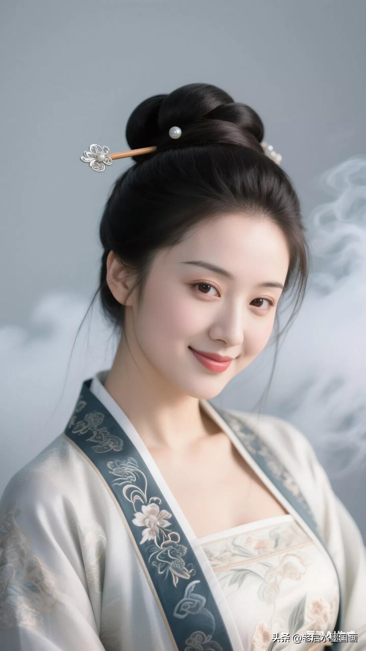 花钿美人笑，古韵入画来。张立启原创书画AI作品古仕女发髻服饰集锦第689期首发花