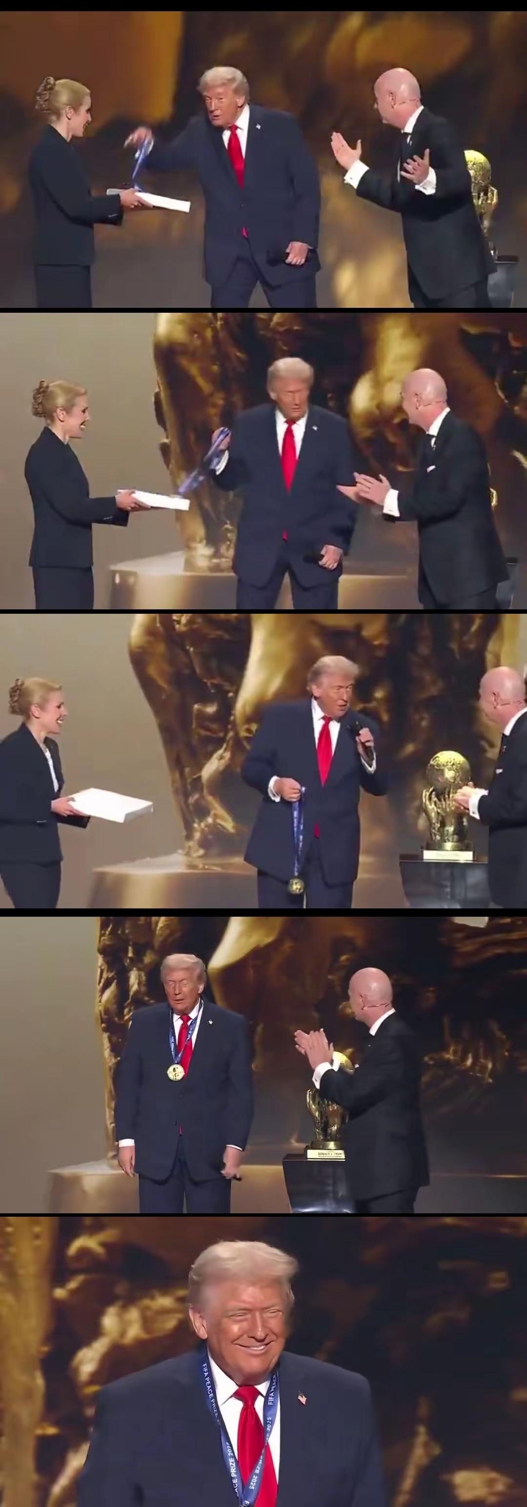 特朗普总算了却了一桩心愿，成功拿下首届国际足联和平奖。可让人万万没想到的是，颁奖