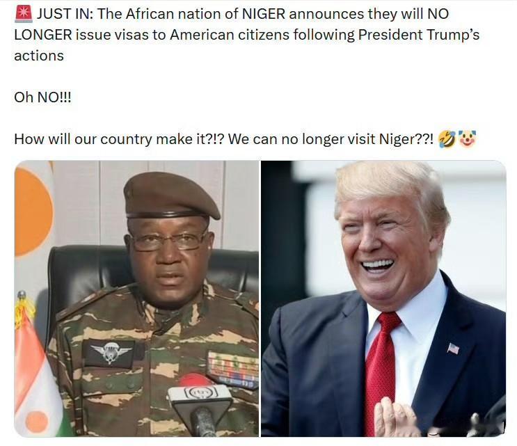 非洲国家尼日尔宣布，由于特朗普总统的举措，他们将不再向美国公民发放签证。

哦不