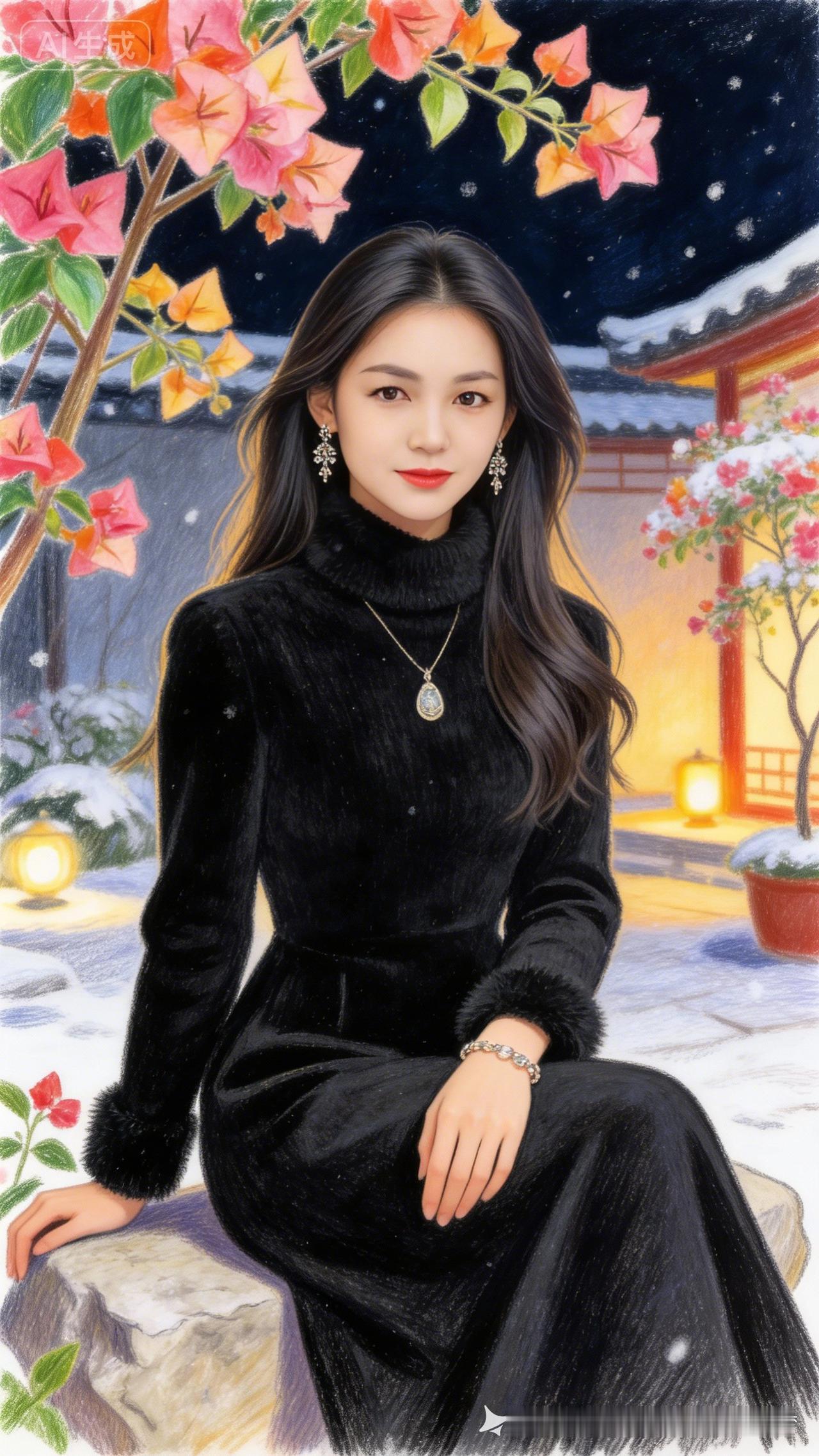 冬日暖阳下，黑裙女子静坐，花枝招展，岁月静好。