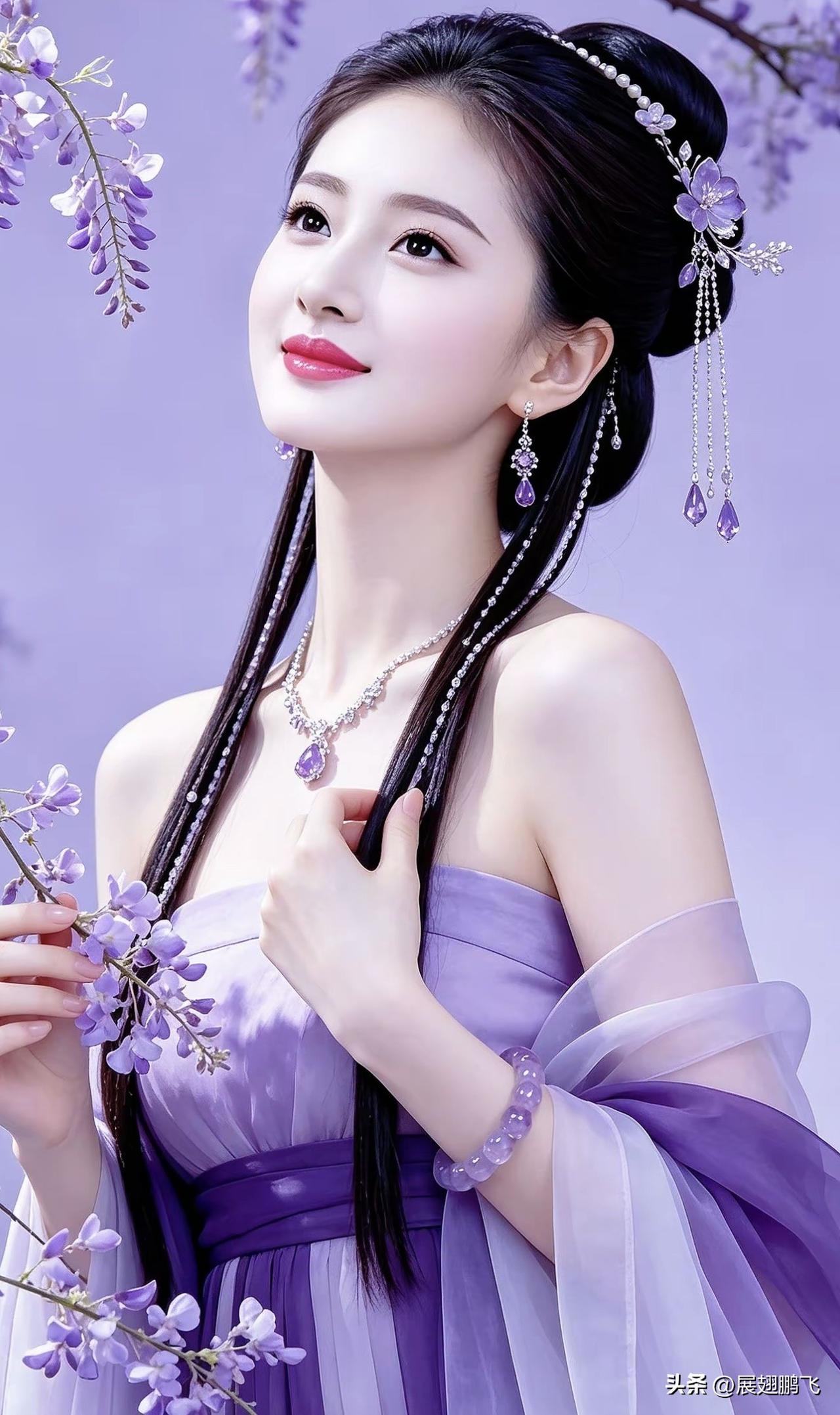 梦幻紫衣仙女，手持花枝，优雅动人紫裙少女 紫衣古风造型 紫衣裙少女 紫衣古风造型