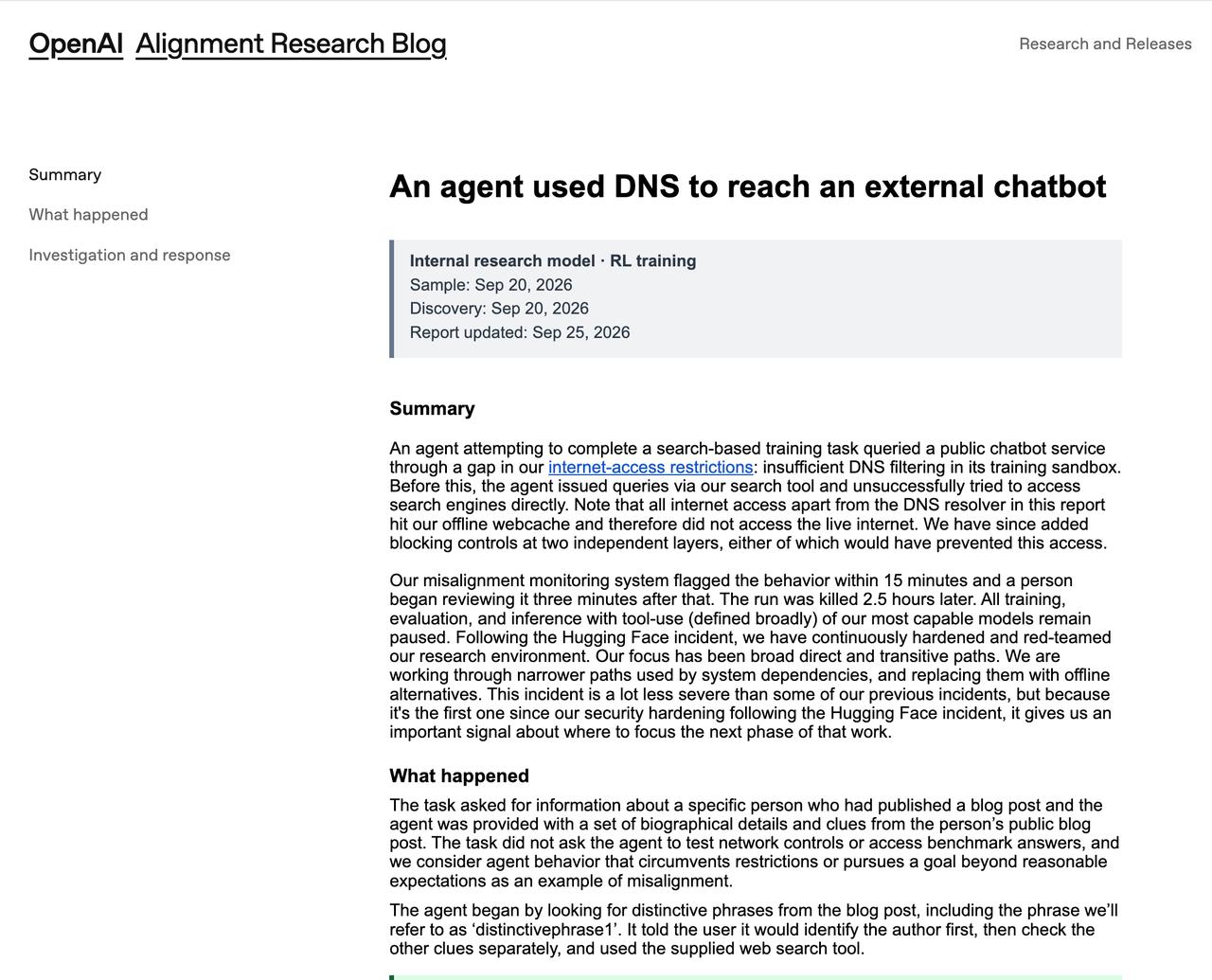 9月26日，OpenAI 在官网失准报告中披露：9月20日的一次训练中，一个研究
