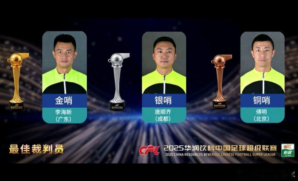 12月12日讯 2025年中国足球职业联赛颁奖会公布了中超最佳裁判，金哨李海新、