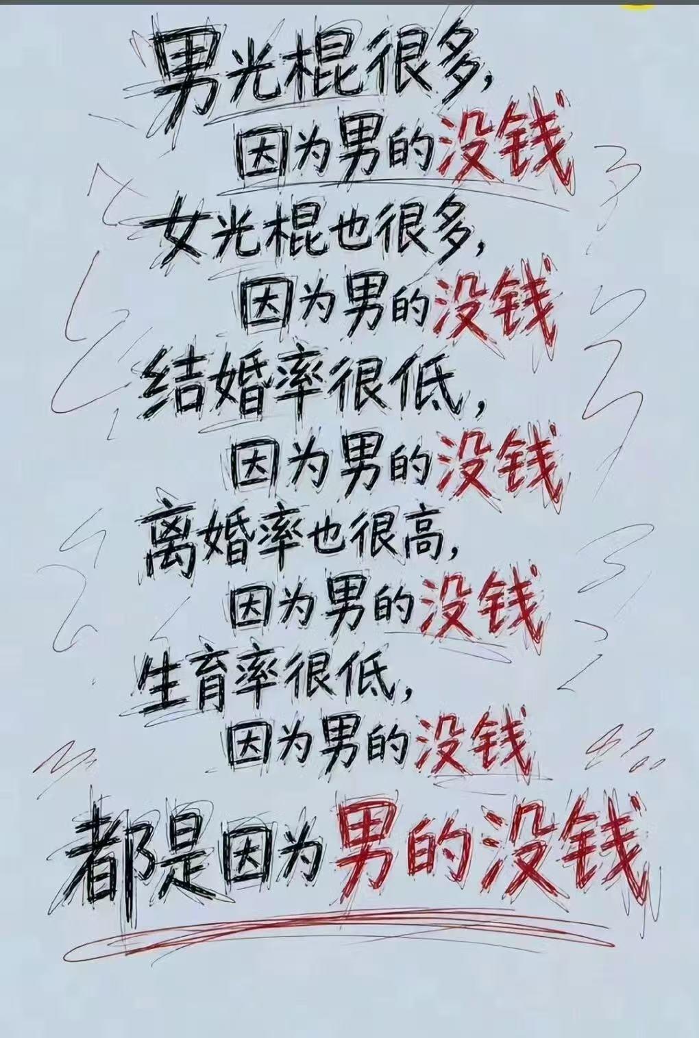 这张图是网络段子，似乎只抓住了经济压力这单一因素，把所有婚恋、生育问题简单归因“