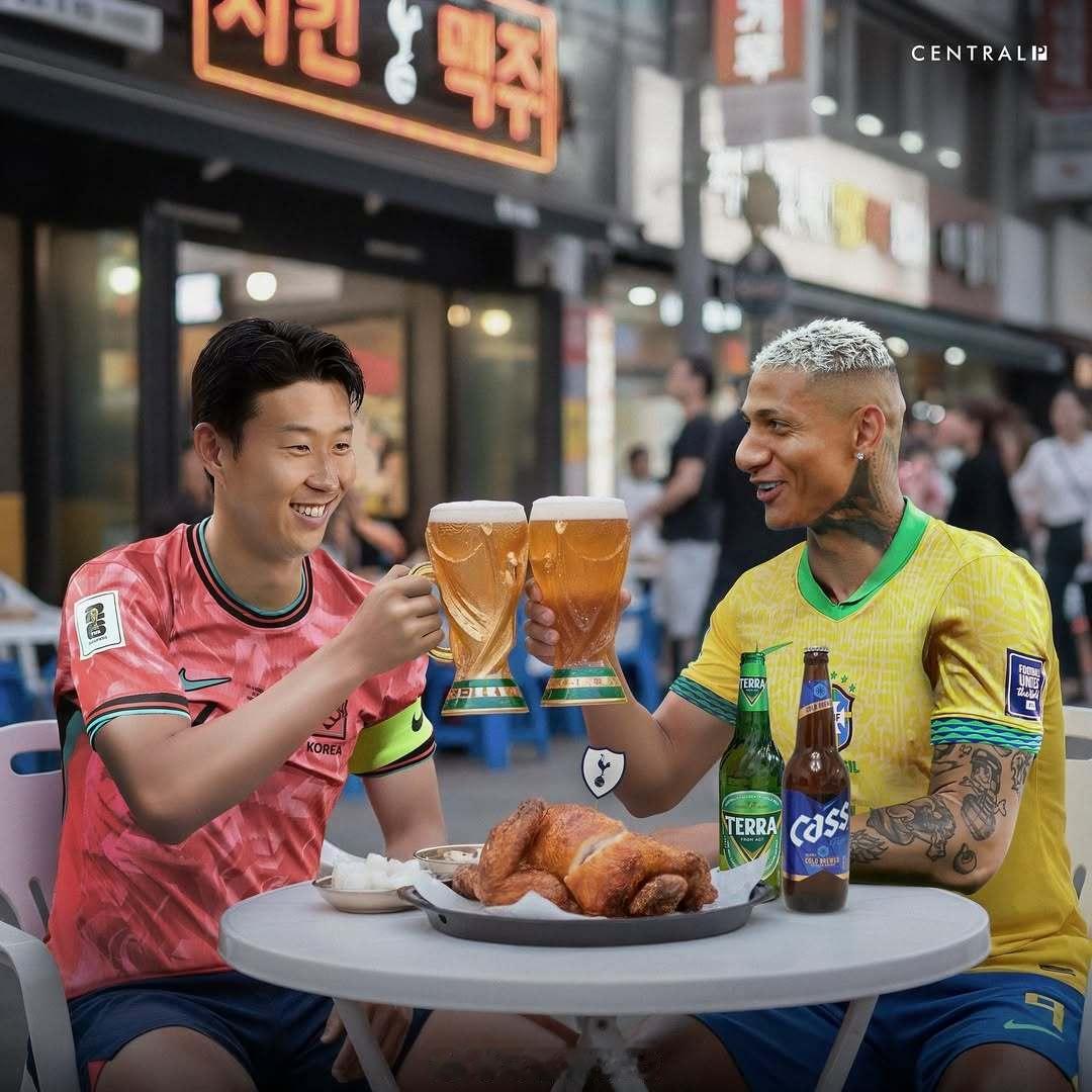 干杯鸽鸽！韩国人为友谊赛韩国vs巴西制作的海报。韩国vs巴西 ​​​