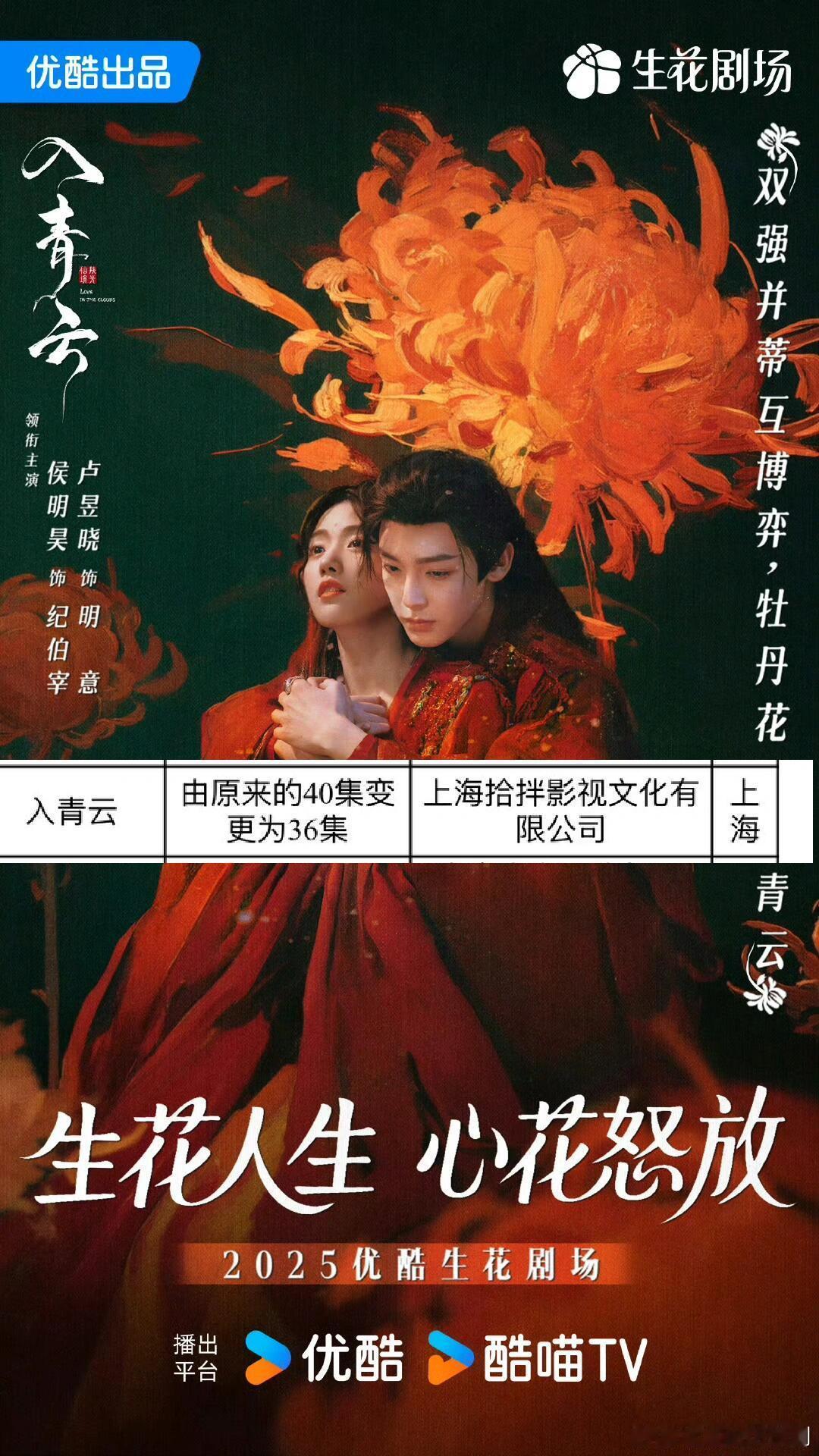 入青云[超话]侯明昊卢昱晓《入青云》由40集变更为36集🍠侯明昊｜纪伯宰｜明意