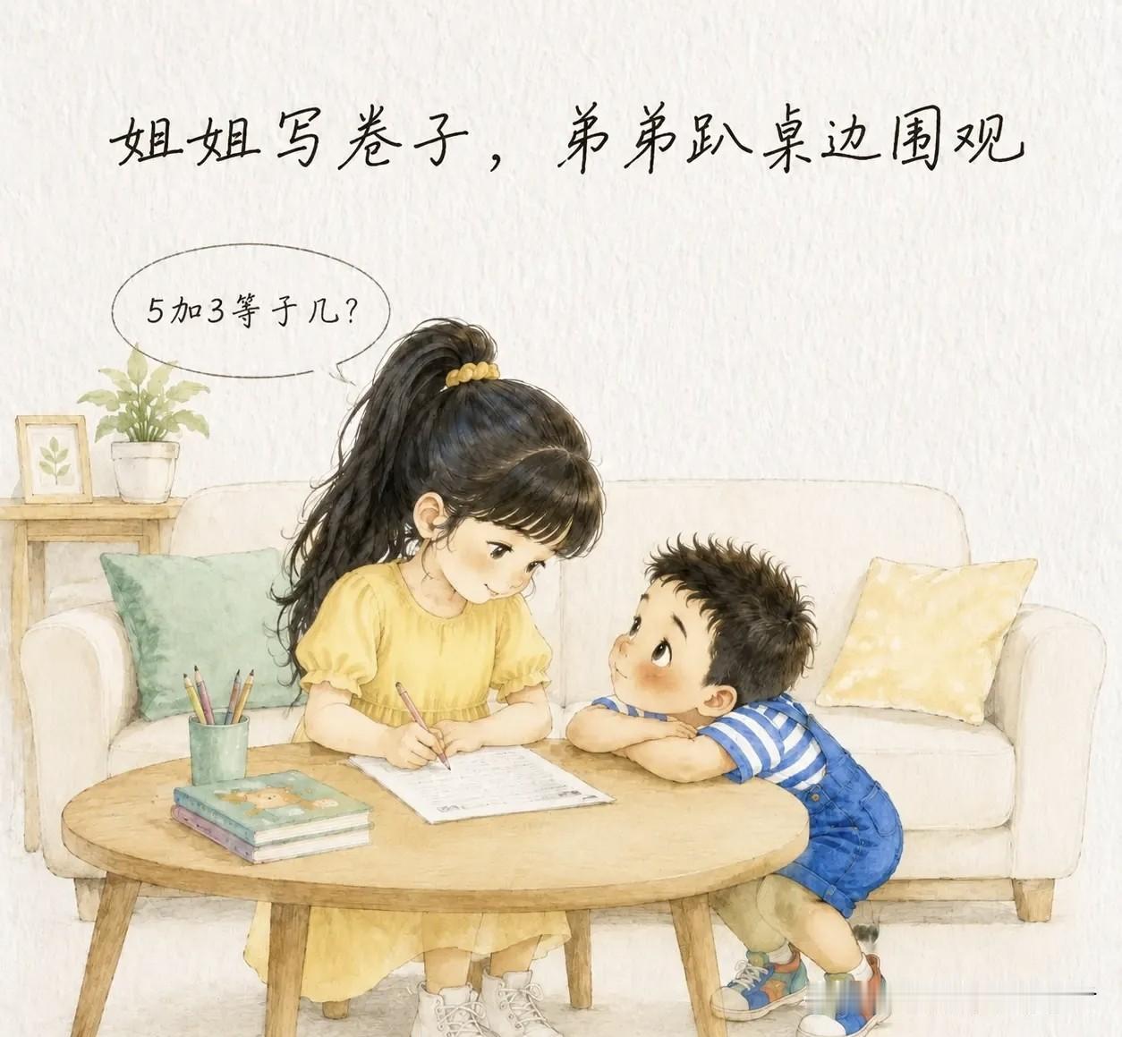 分享你喜欢的漫画：姐姐写卷子，弟弟趴桌边围观。姐姐头也不抬：「5加3等于几？」弟