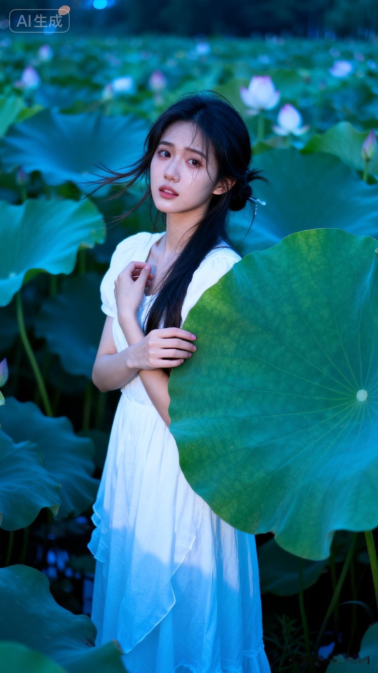 姑娘在荷花池边，手拿一朵粉荷。