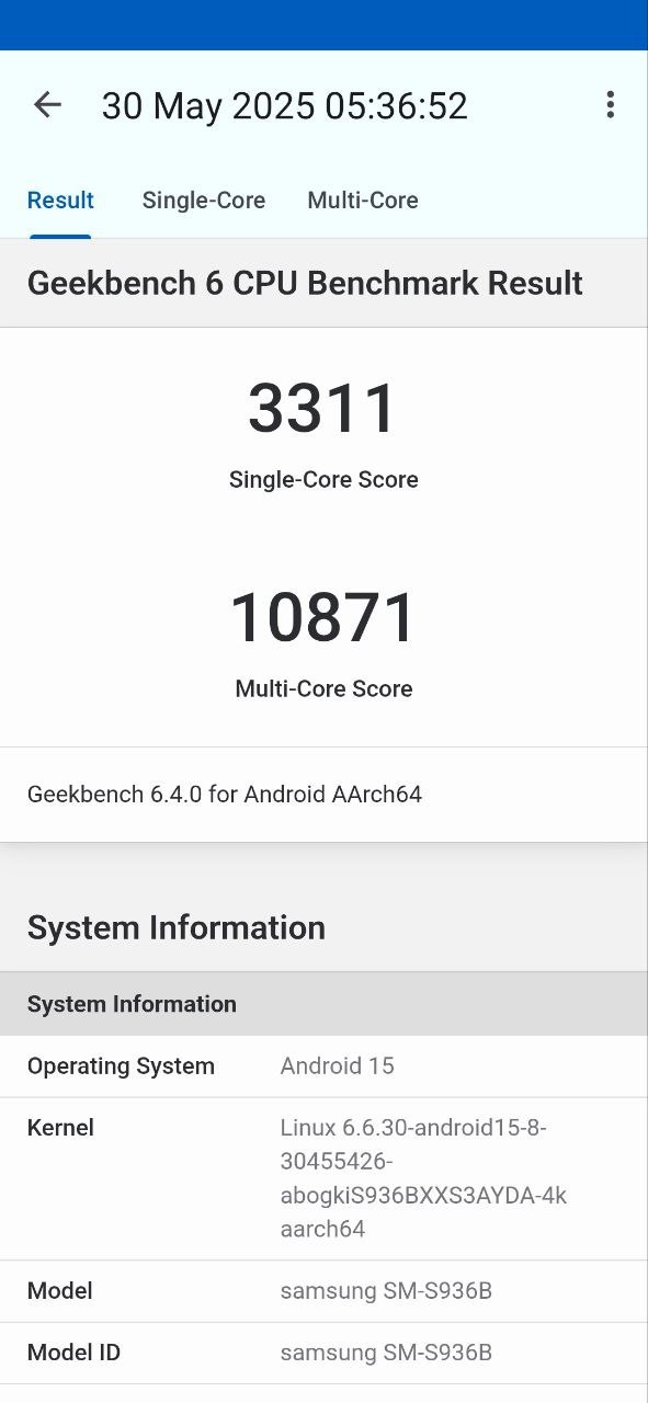 三星 Galaxy S25+ 的最高Geekbench成绩，单核3311 ​​​
