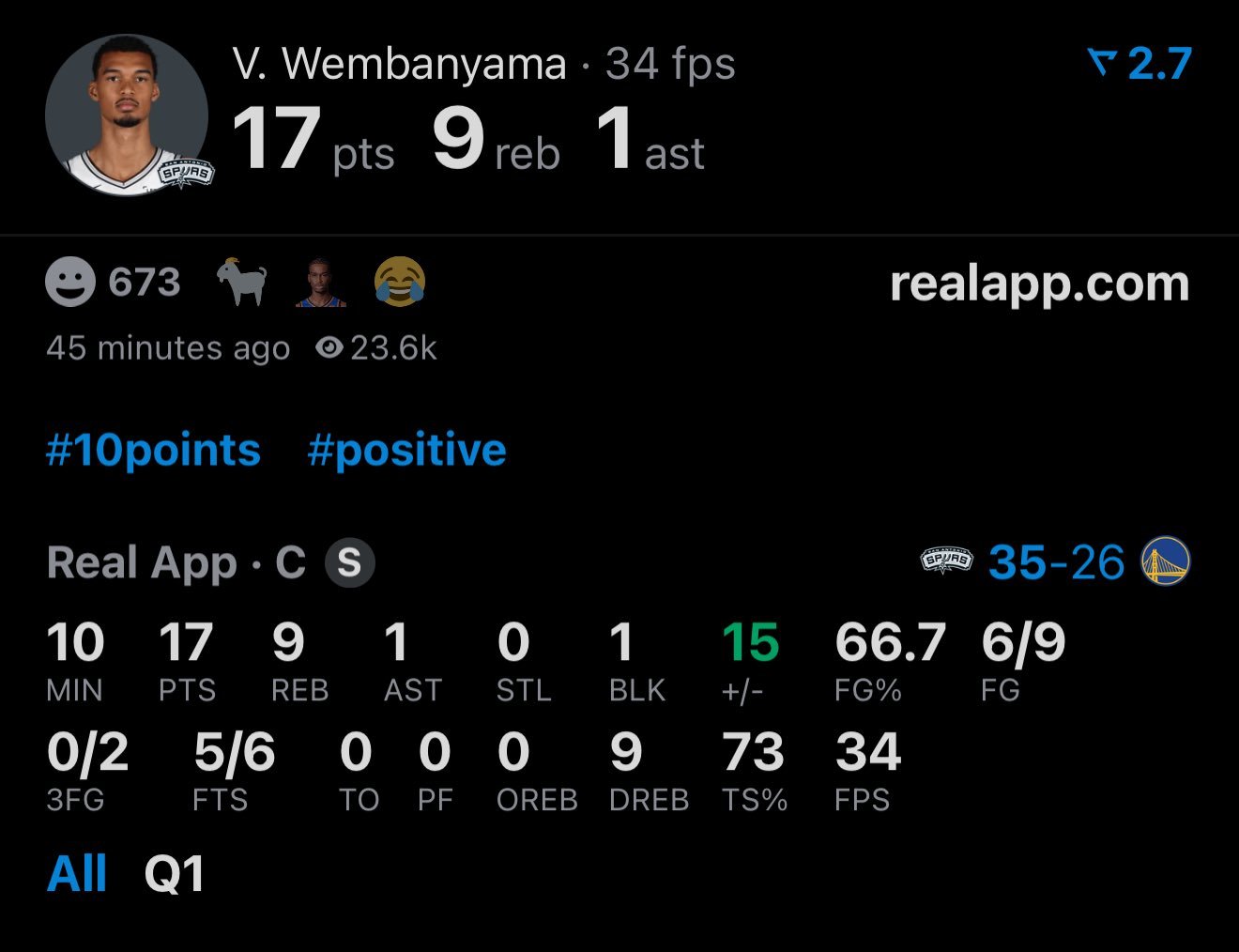 10分钟17分9篮板！文班在不在场攻防两端真是两个模样马刺vs勇士gowemby