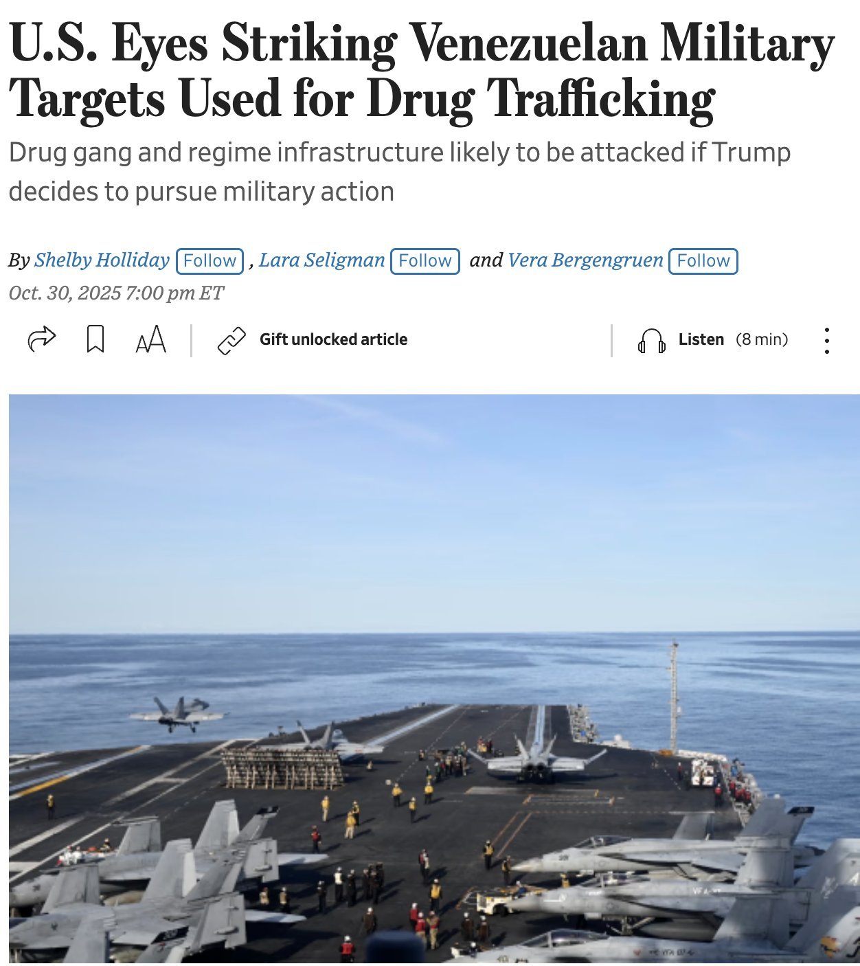 ❗《华尔街日报》: 特朗普政府正考虑对委内瑞拉“军事目标”实施空袭。报道称，特朗