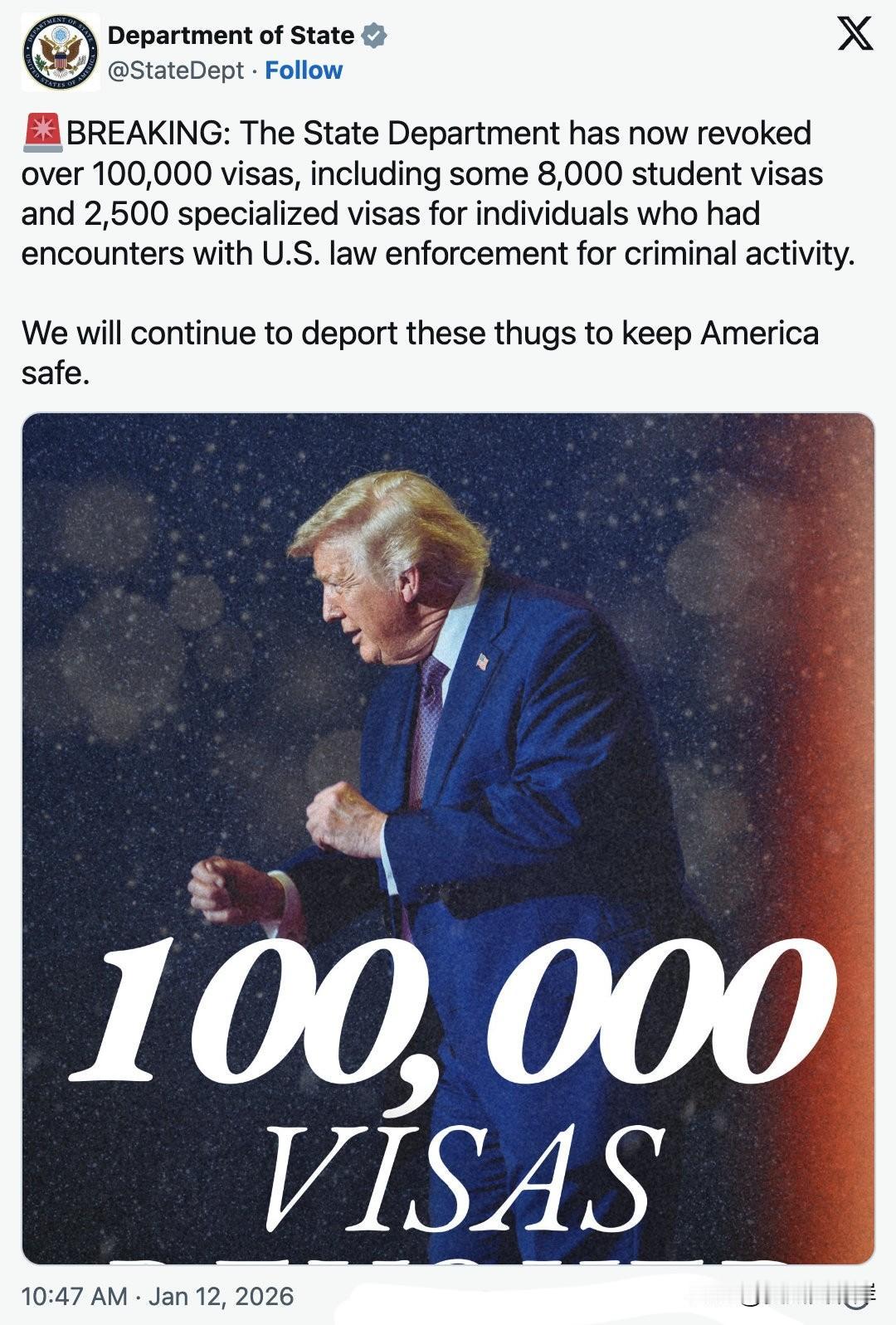 突发消息：美国国务院现已吊销超过10万份签证，其中包括约8000份学生签证和25