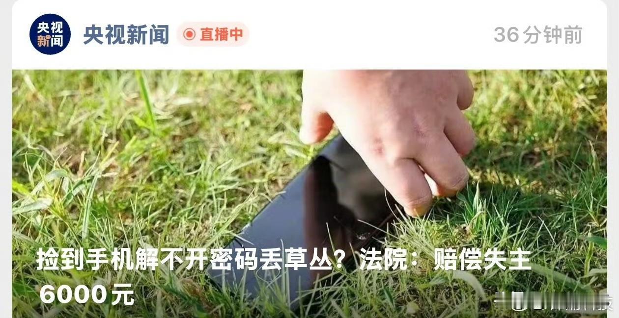 捡到手机解不开密码丢草丛？法院：赔偿失主6000元！
捡到手机解不开密码，直接丢