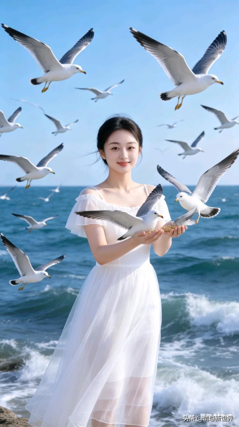 海边少女与海鸥共舞，白色长裙随风飘扬，阳光明媚，海浪轻拍，美好时光定格。沙滩白裙