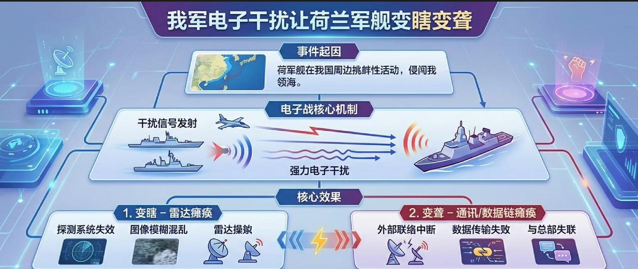 荷兰军舰在我国周边海域进行挑衅性活动，侵闯我国领海。解放军未采用传统的伴飞、喊话