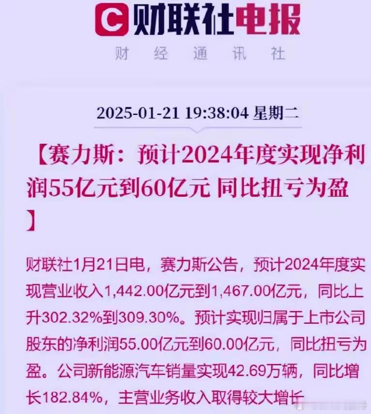 赛力斯做梦都要笑醒，从来没打过这么富裕的仗，2024年实现净利润55亿到60亿。