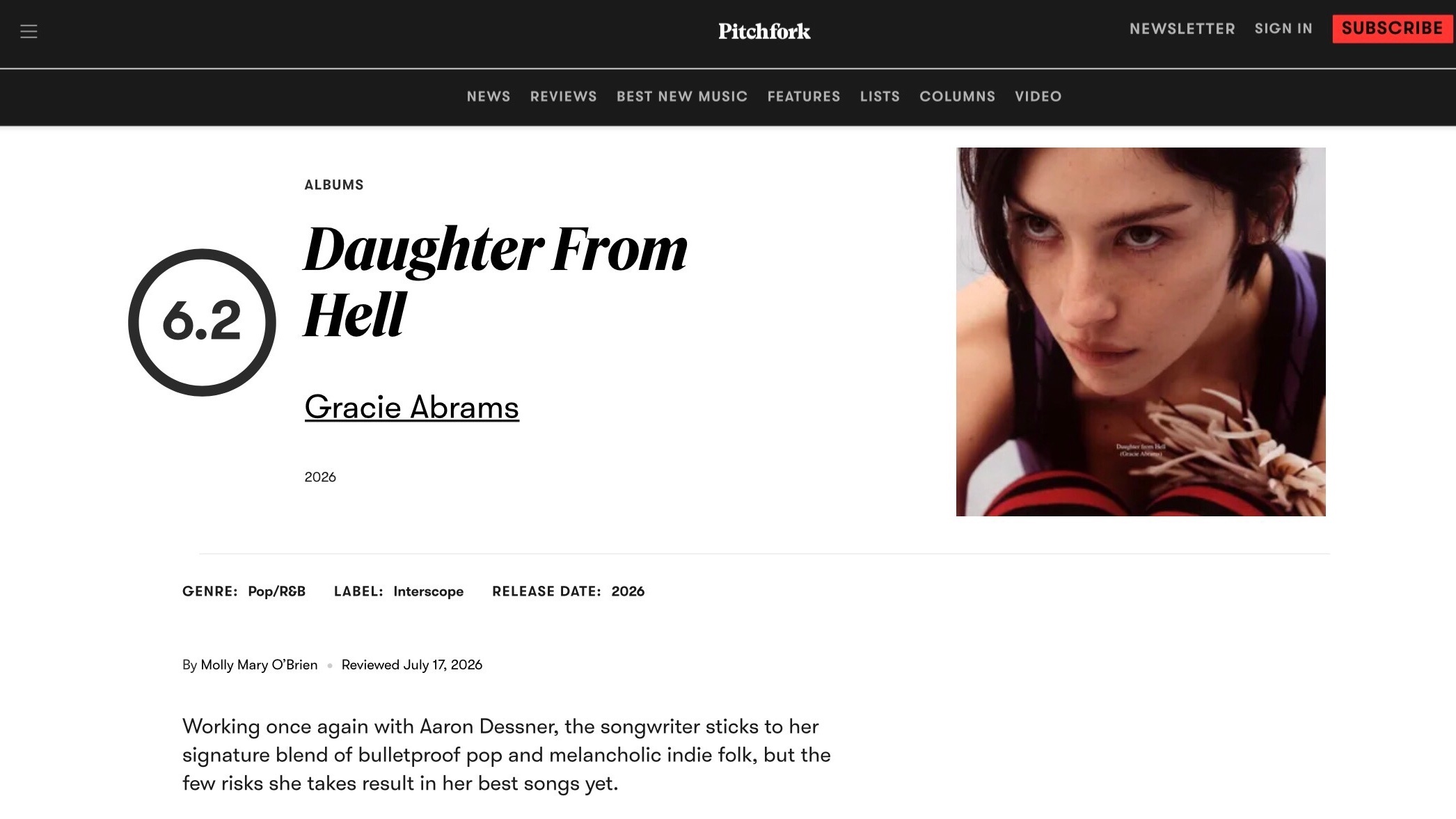 【乐评历史】乐评机构 Pitchfork 为 Gracie Abrams 各专辑