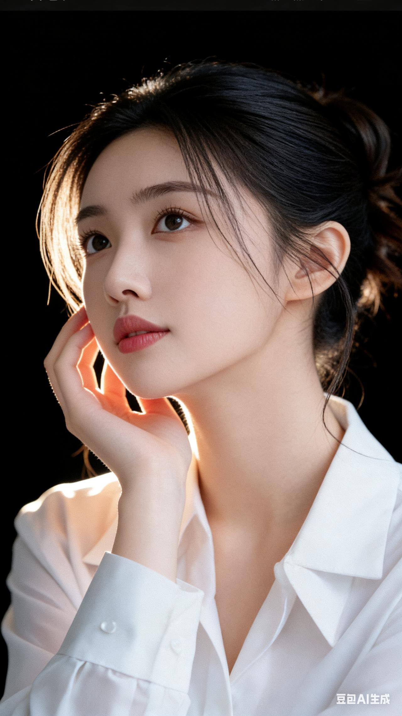 特写镜头下，女子轻侧螓首，发丝随动作轻垂滑落，右手温柔轻抚脸颊。目光由凝视镜头缓