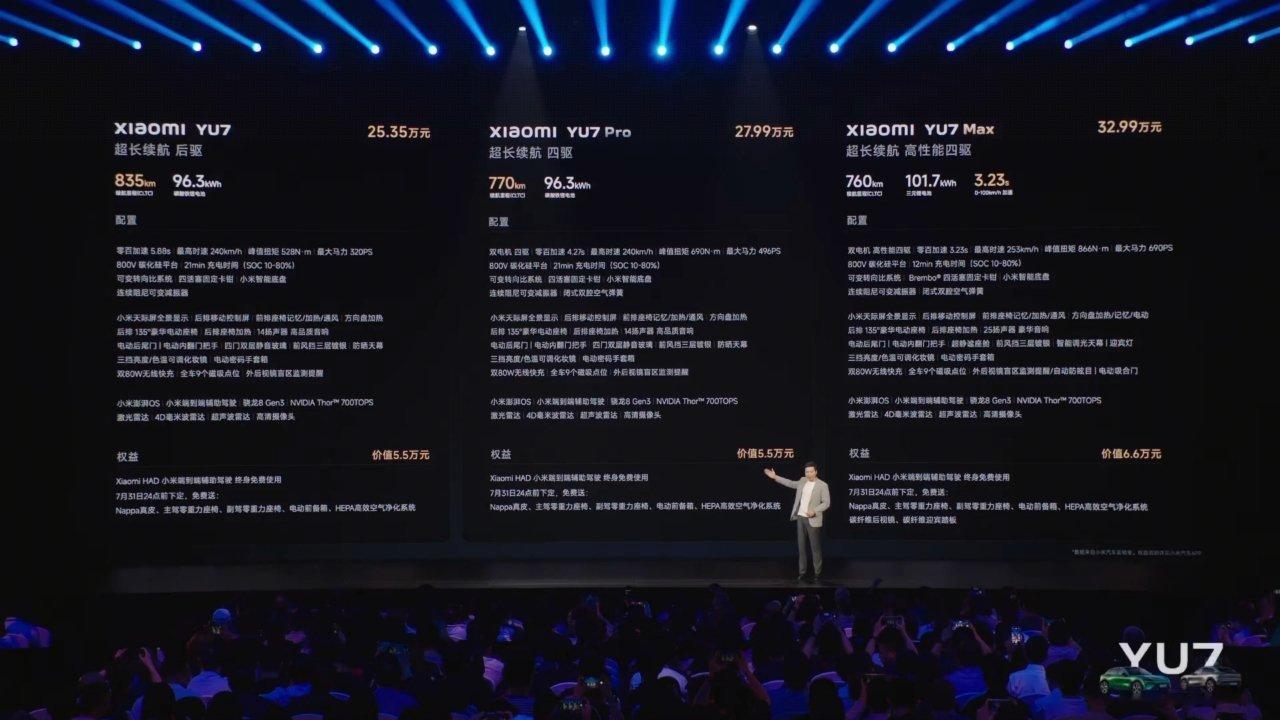 小米YU7         25.35万元小米YU7 Pro  27.99万元小