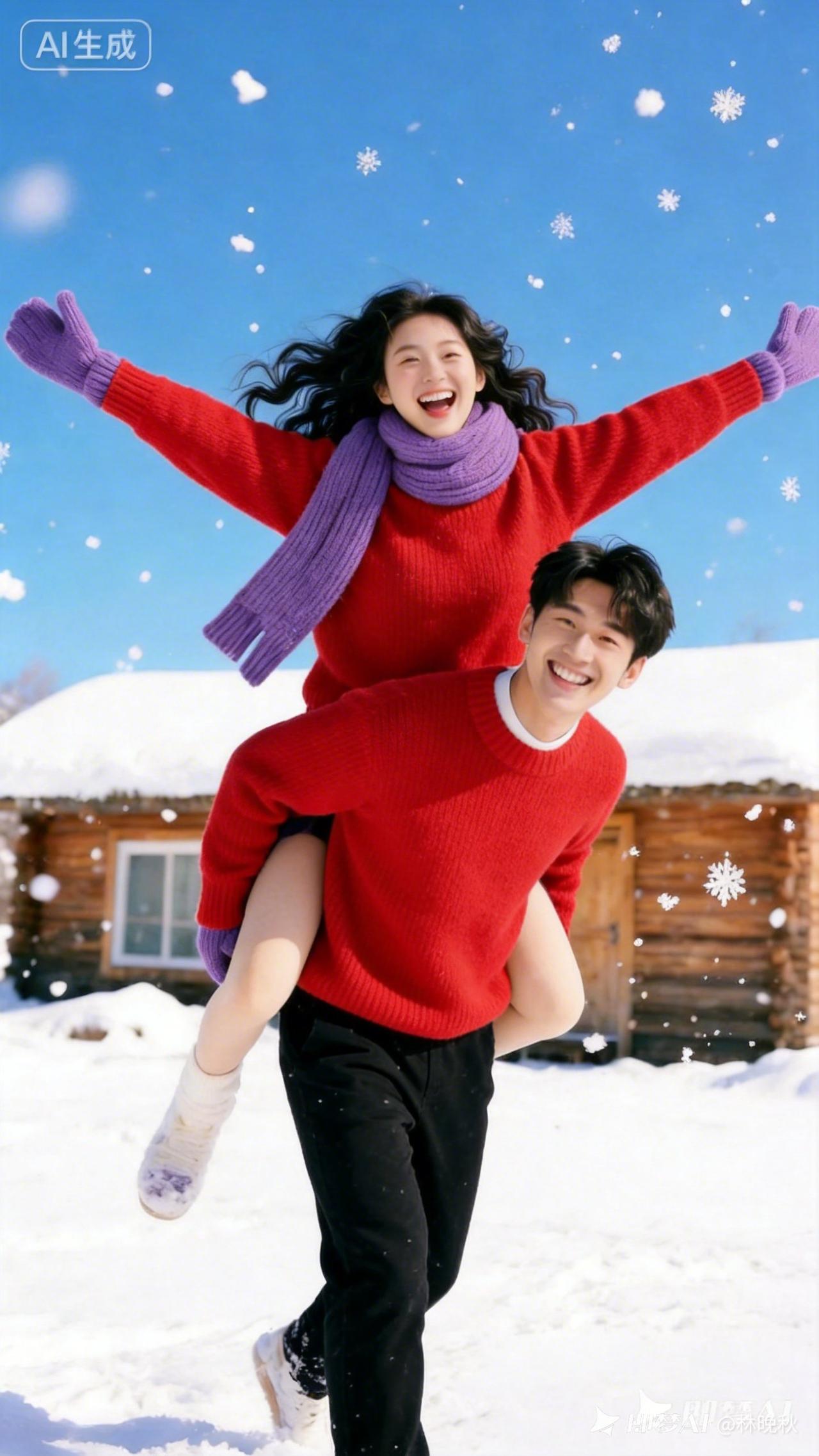 冬日暖阳下的甜蜜瞬间，红衣情侣的幸福拥抱🌞💕