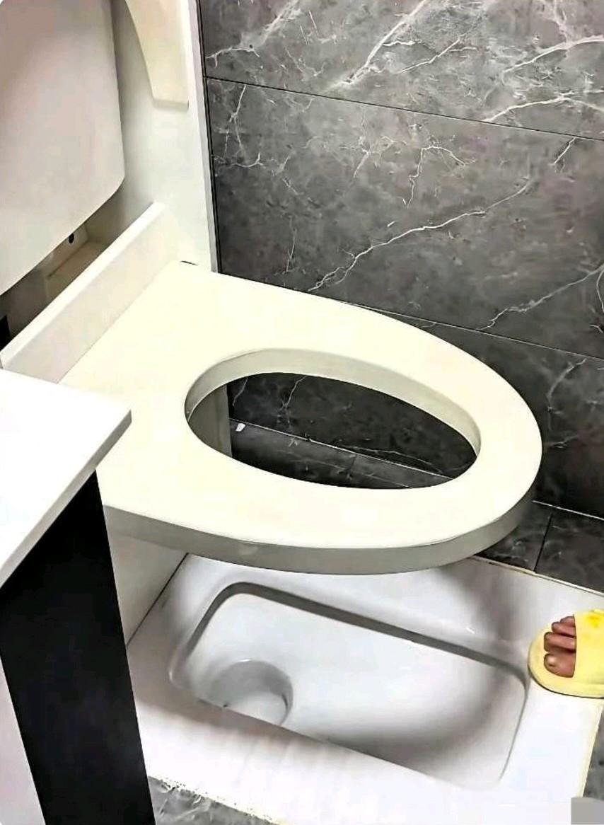 你们说方便池这样的设计意义何在呢？地面是蹲坑，上面却架了个马桶圈，我都不知道该怎