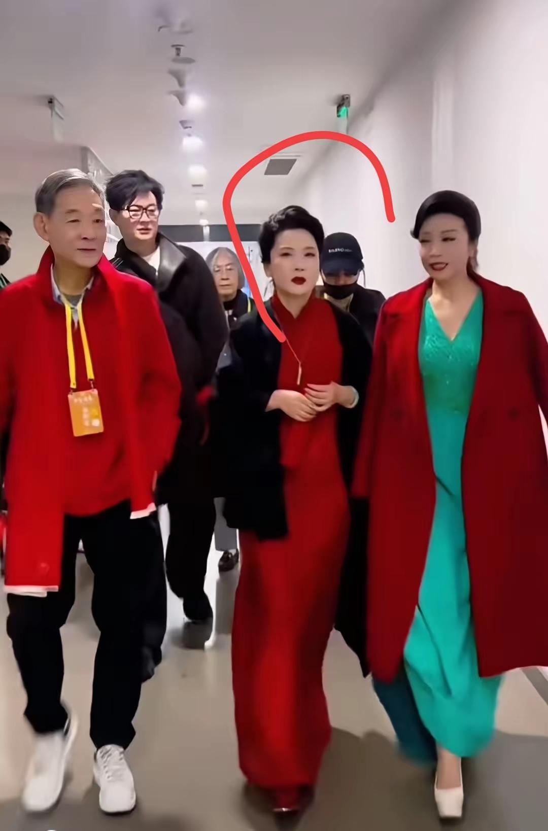 照片上这位穿红色旗袍裙，走在c位的女士是谁啊？好像是位知名演员，谁还能叫上来她的