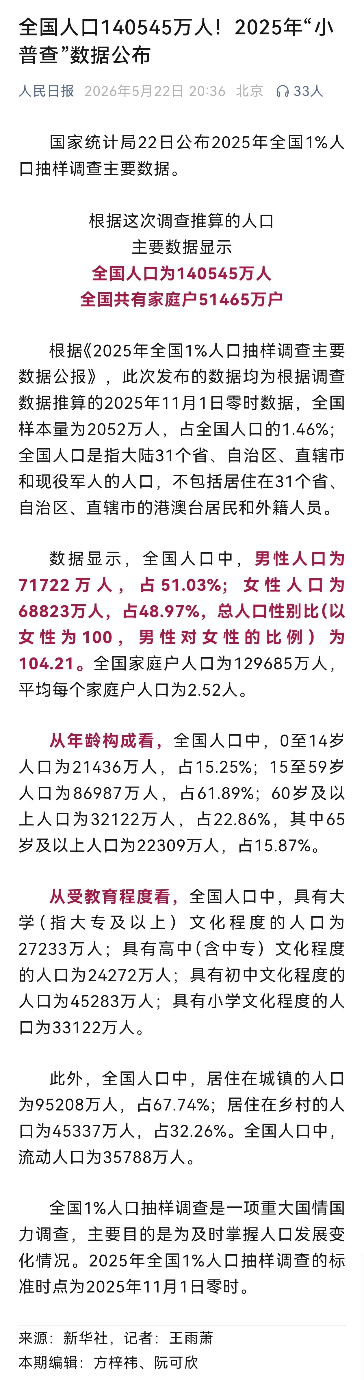 5月22日，国家统计局公布2025年全国1%人口抽样调查主要数据，根据这次调查推
