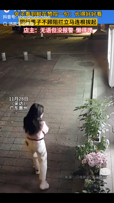 “一个被窝睡不出两种人！”一对男女经过一商铺门口时，看见商铺门口养的花放在路边，