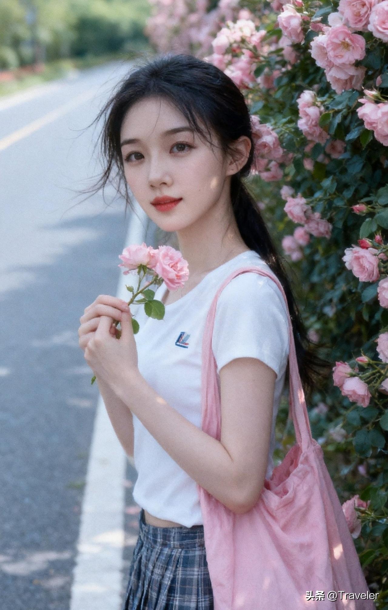 一个女孩拿着玫瑰花站在路边。