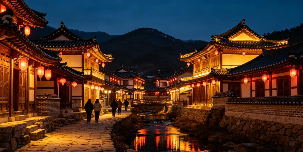 珲春渤海古镇的夜晚灯火

夜幕低垂，珲春渤海古镇便换了副容颜。

暖黄色的灯光次