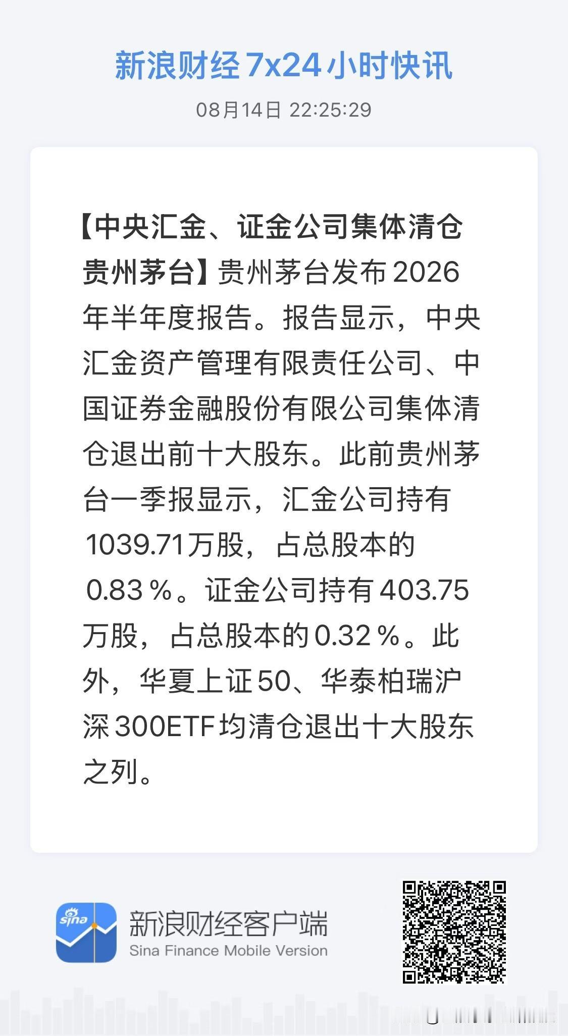 确实太吃惊！汇金、证金集体退出茅台前十大股东！
 
刚刚看到这个新闻，着实让人意