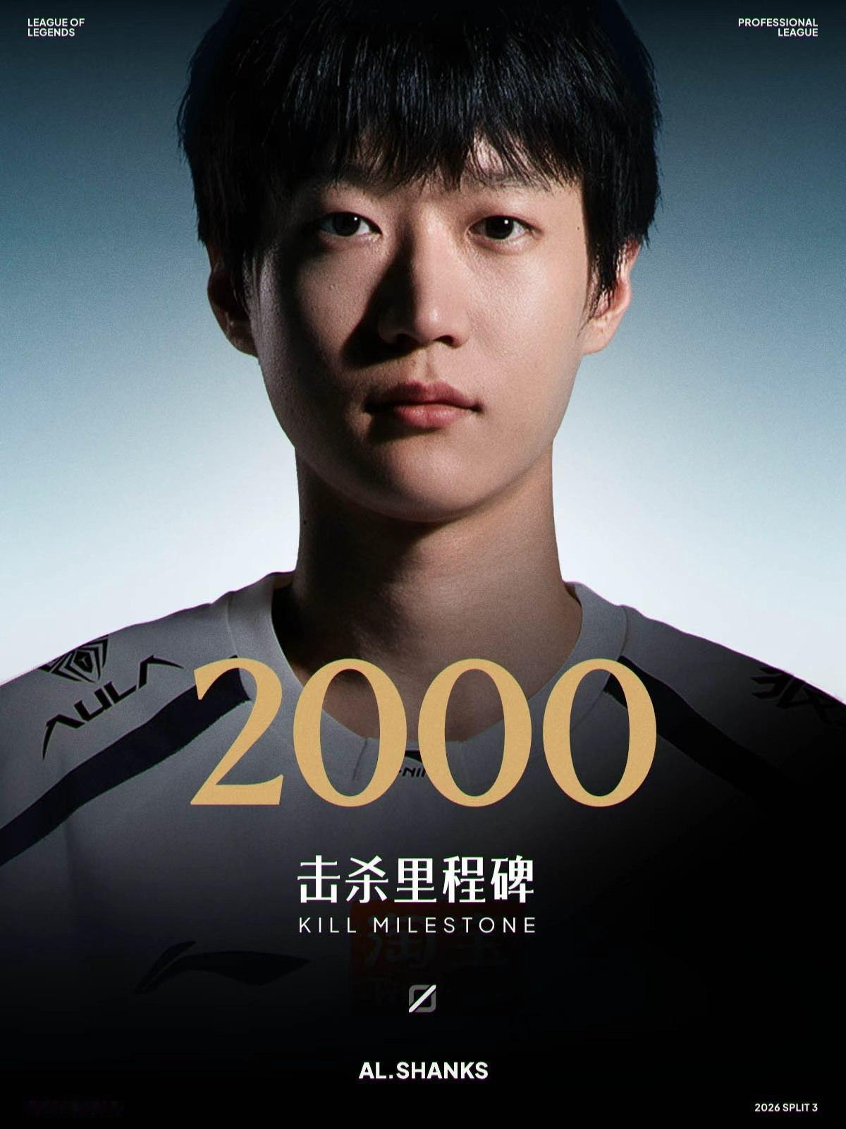 【里程碑：Shanks达成LPL2000击杀成就】在今日JDG对战AL的比赛中，