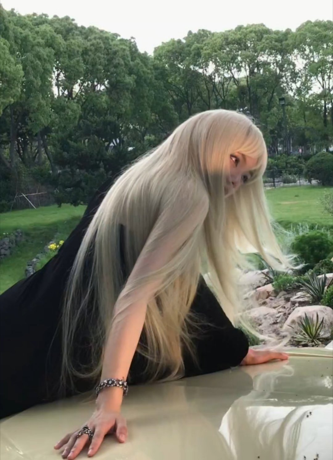 文淇金发 神来之笔这组图审美好绝啊！浅白金长发配林间落日，黑裙+钻饰精致氛围感拉