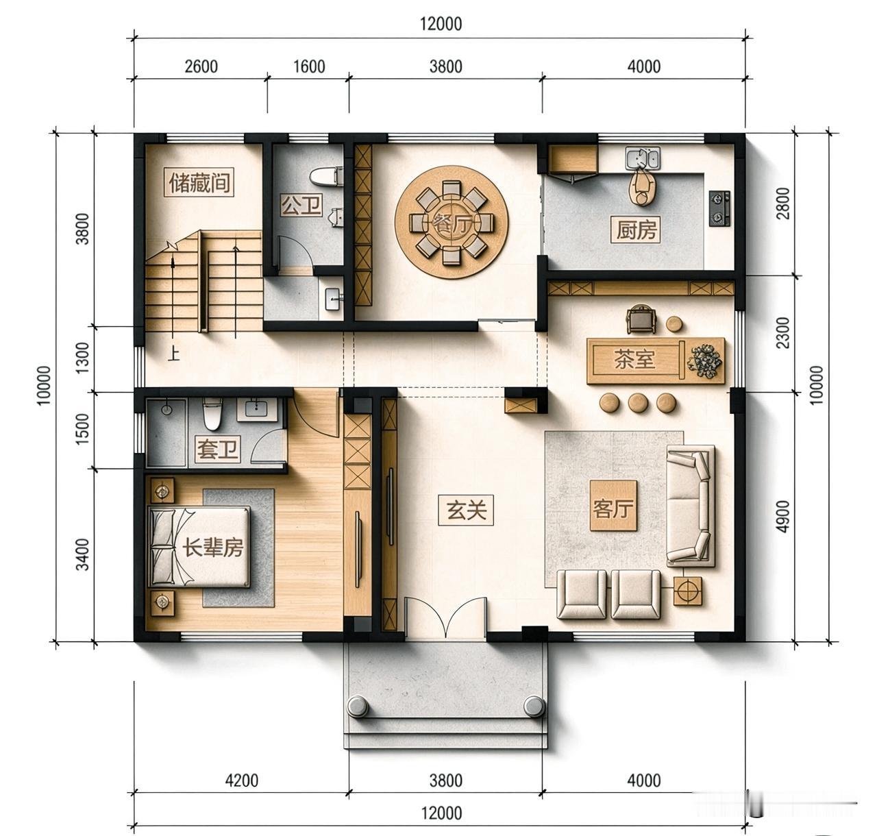 占地12米X10米，二层自建房户型布局。