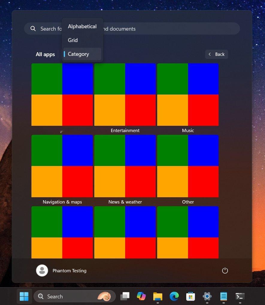 微软正在为  Windows 11 开始菜单开发按“应用分类“排序功能，功能草图