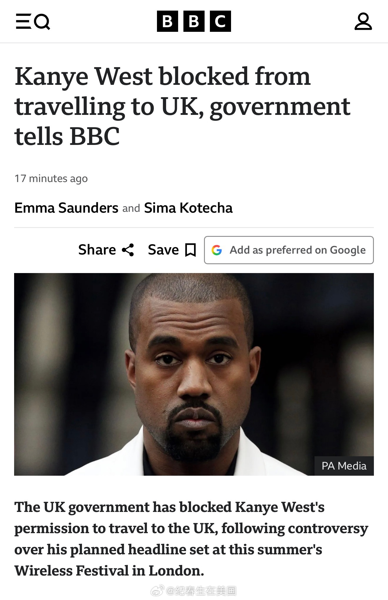 Kanye West已被禁止入境英国。英国内政部已拒绝了侃爷昨天提交的电子旅行授