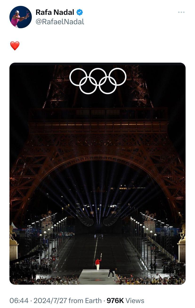 #巴黎奥运开幕式# 纳达尔在推特和Instagram双社媒平台分享了传递奥运火炬