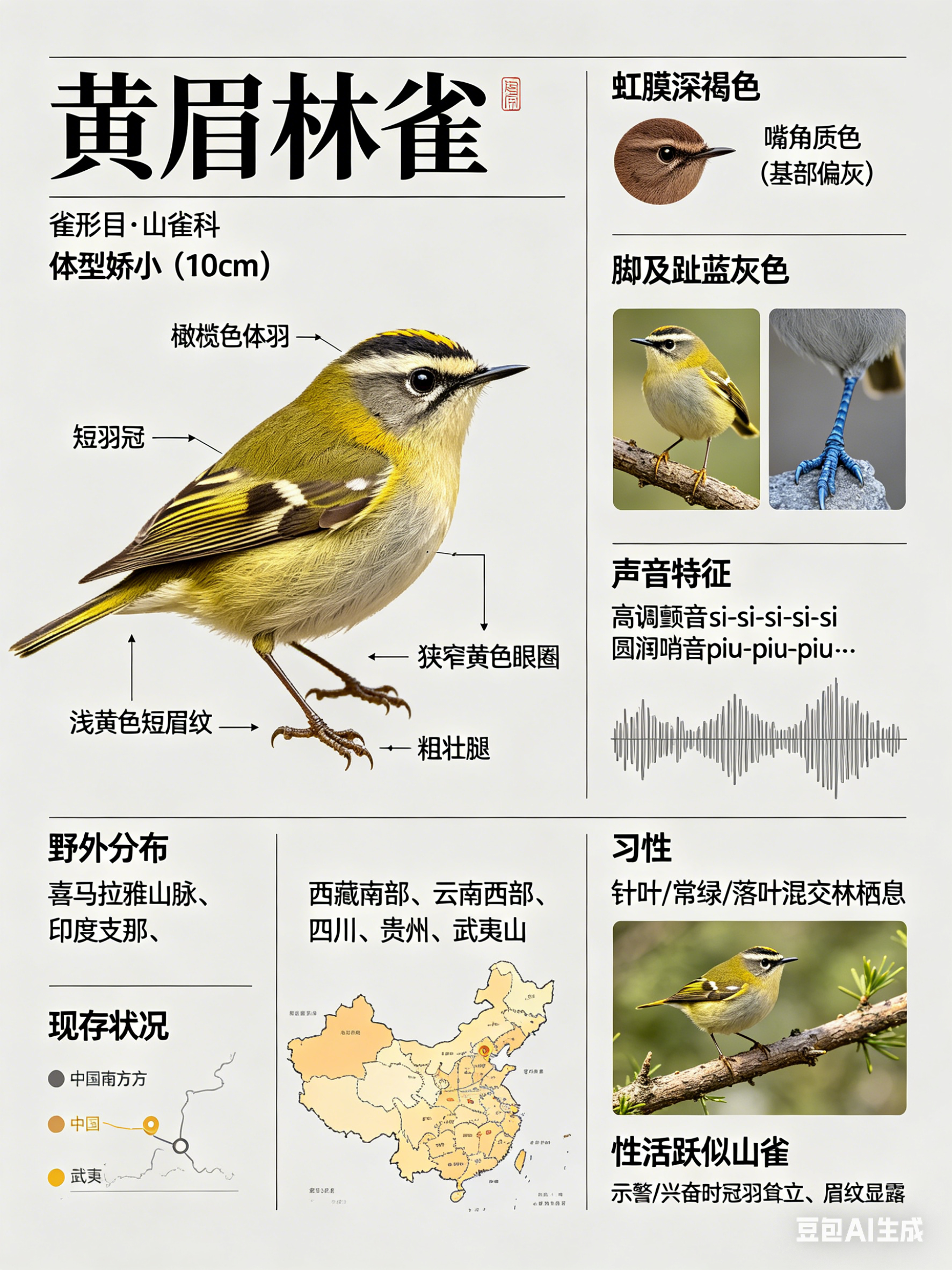 鸟类朋友图鉴 黄眉林雀·科属：雀形目，山雀科。·外形特征：体型娇小（10cm）且