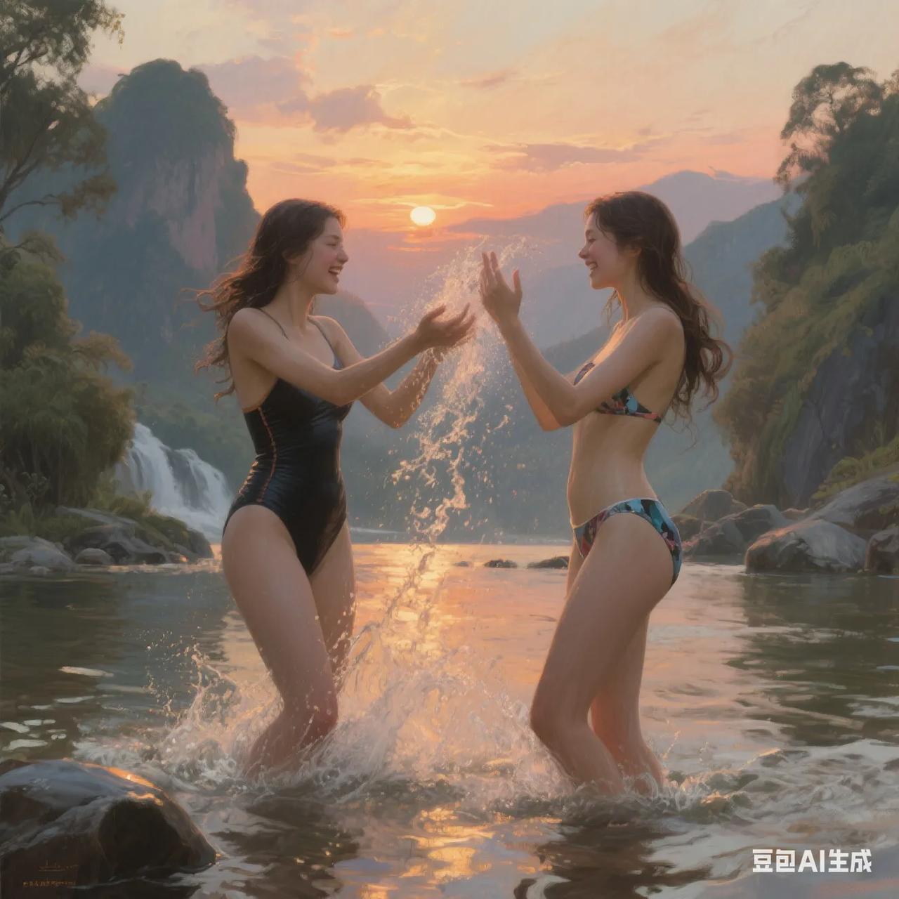 在这喧嚣尘世之外，有一处仿若被时光遗忘的山水仙境。两位身着性感泳衣的美女，似灵动