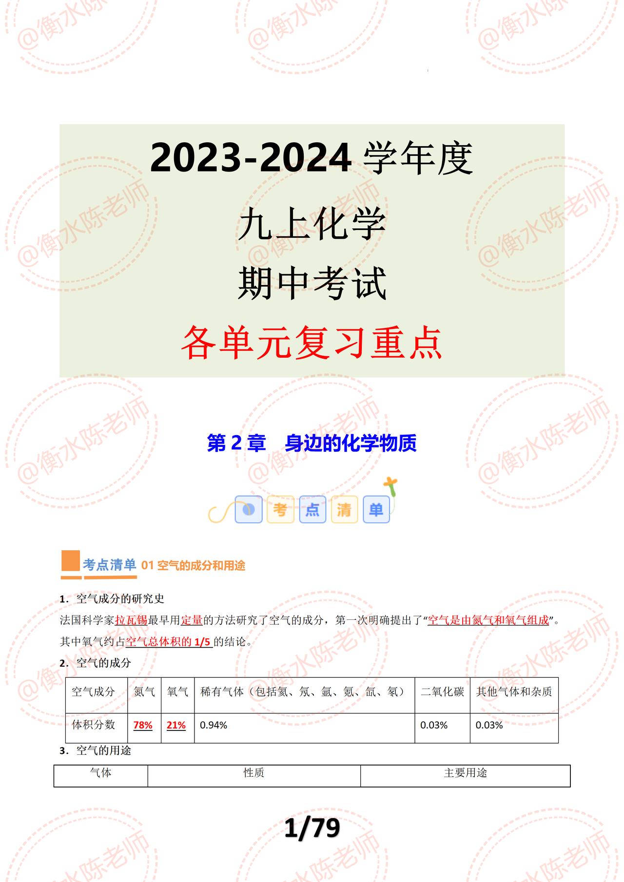 九年级上学期化学，期中考试重点复习，根据各个省份、地区，版本，学校考试重点编写的