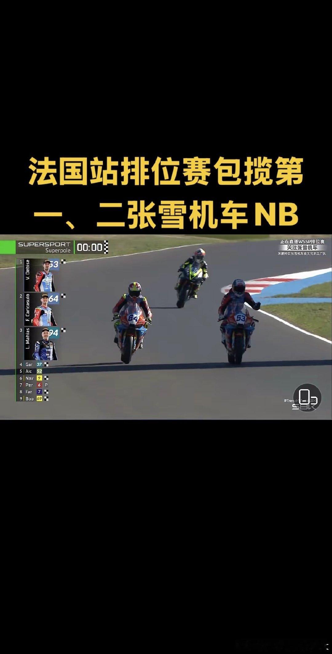 包揽排位赛第一、二！期待明天的正赛。卡苏罗今天也雄起啦！ 张雪机车排位赛包揽前二