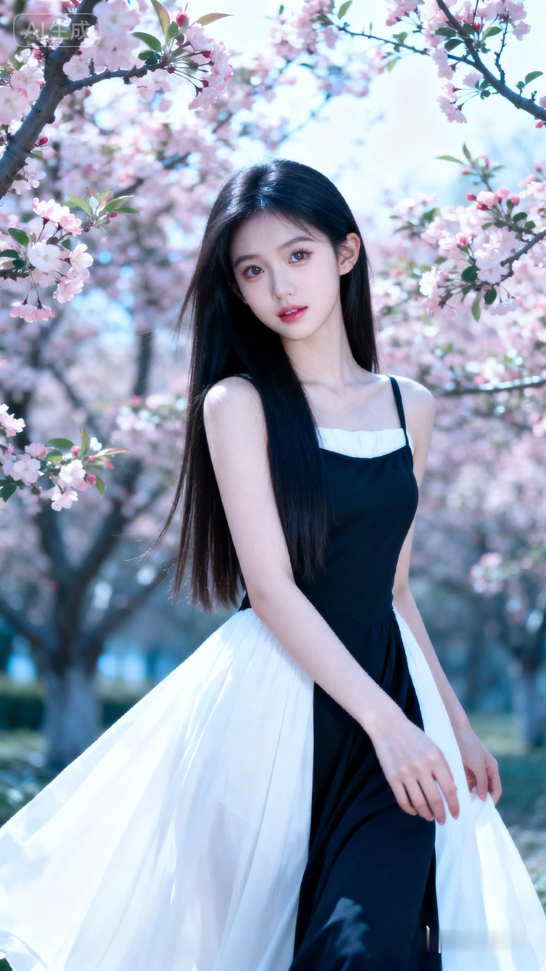 樱花树下，黑裙少女，梦幻唯美