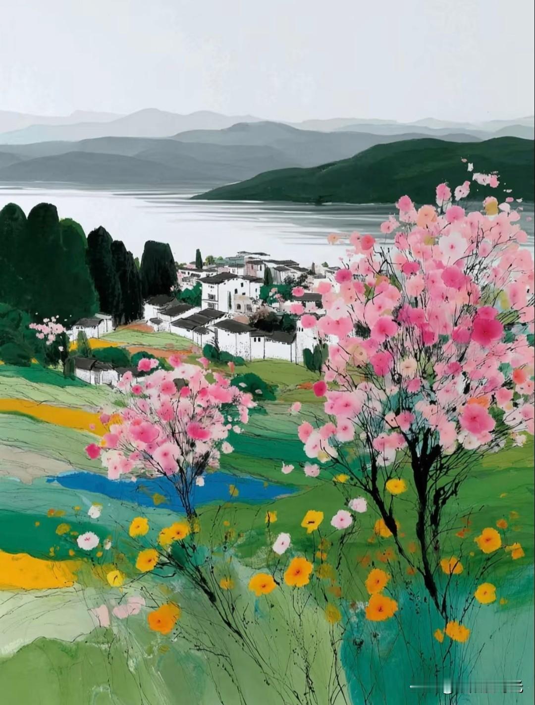 春色染水墨，田园诗意浓，画卷藏生机。
流星的数字艺术治愈系插画分享
颜色诗意 美