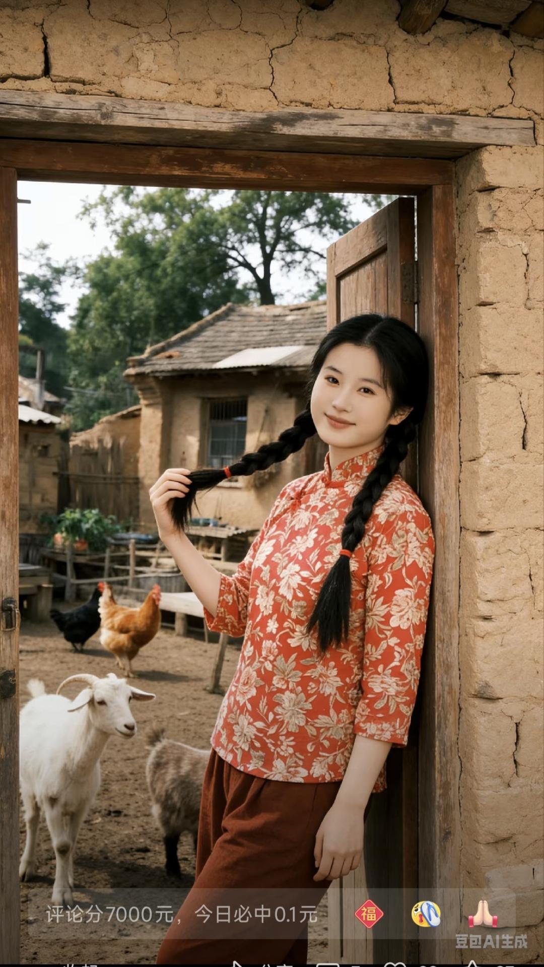 红衫村妇
红衫斜倚旧栏杆，
鸡犬声中老屋安。
最是乡村烟火味，
一襟风物自清欢。